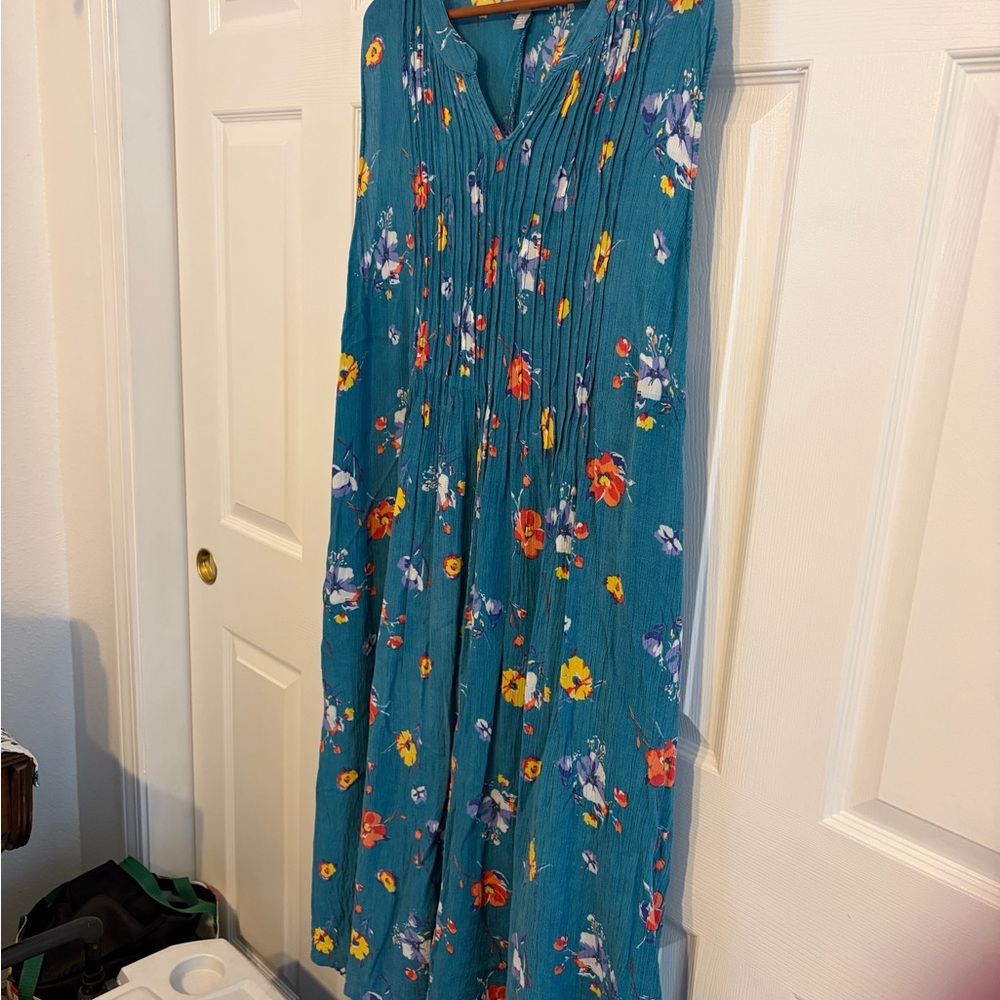 Woman Within Teal Floral Crinkle Maxi Dress